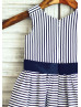 Cotton Ivory  Blue Stripes/Navy Bow Flower Girl Dress 